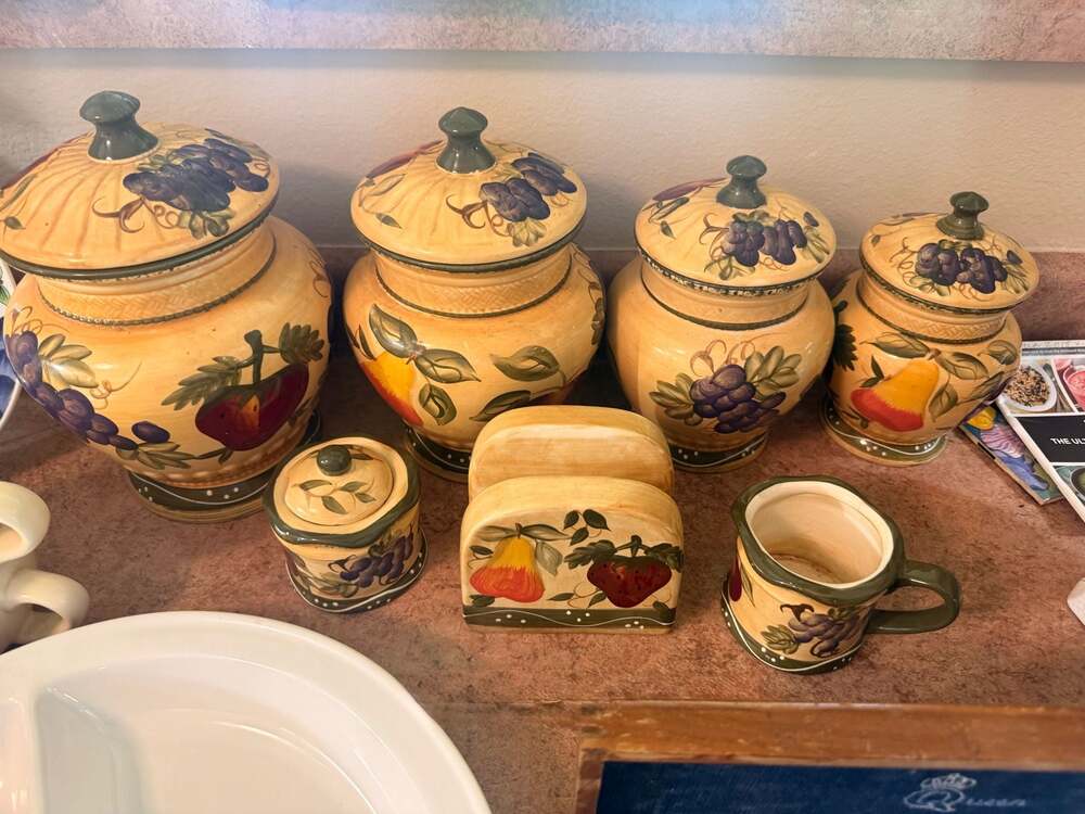 ACK Hand Painted Tuscany Ceramic Canister Set Napkin Holder Creamer & Sugar Bowl